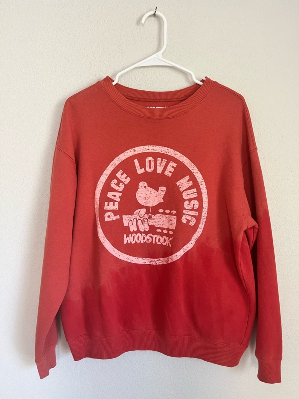 Woodstock “Peace Love Music” Graphic Orange Crewneck Sweatshirt. Large.